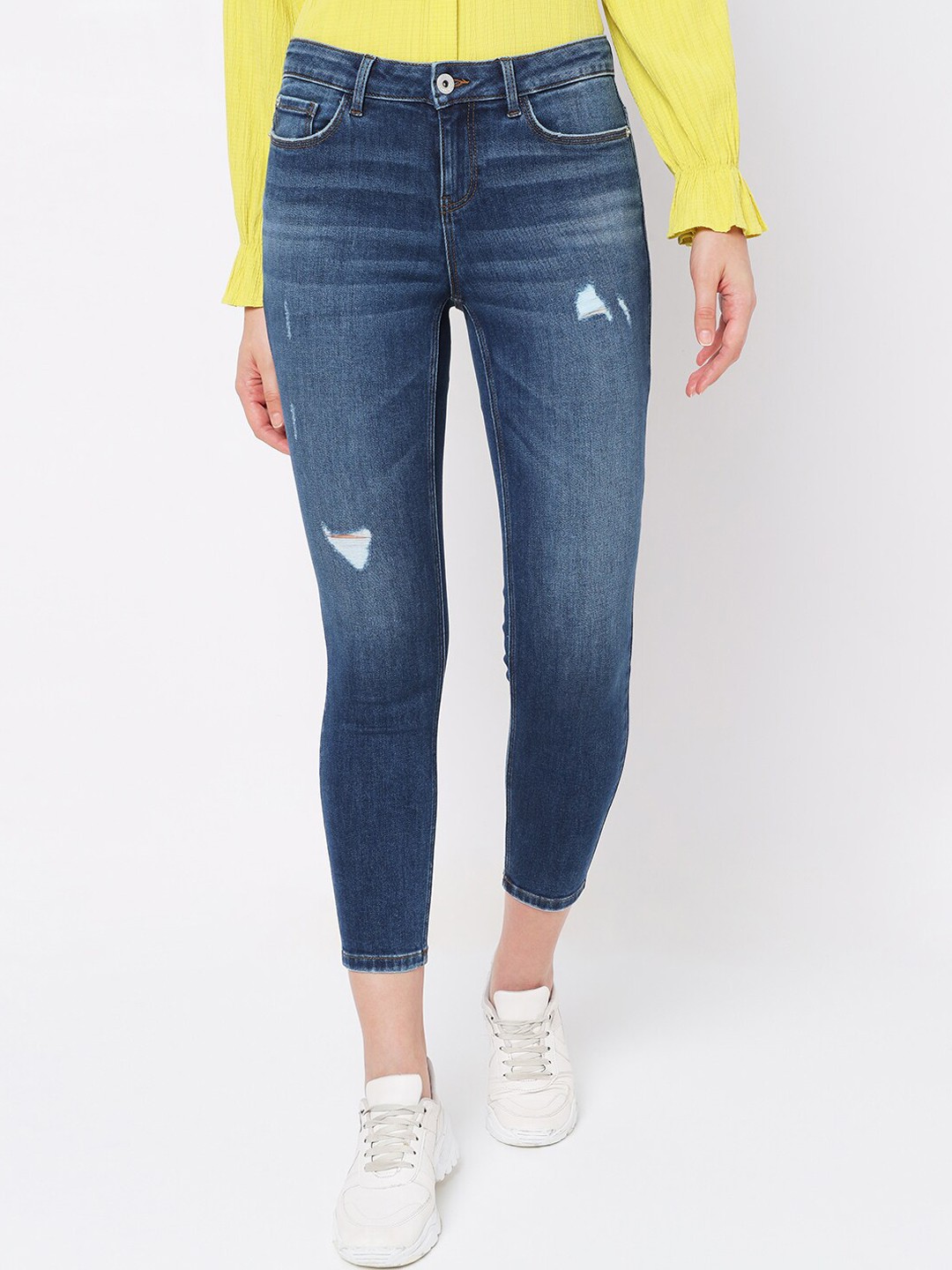 

Vero Moda Women Blue Skinny Fit Low Distress Heavy Fade Stretchable Jeans