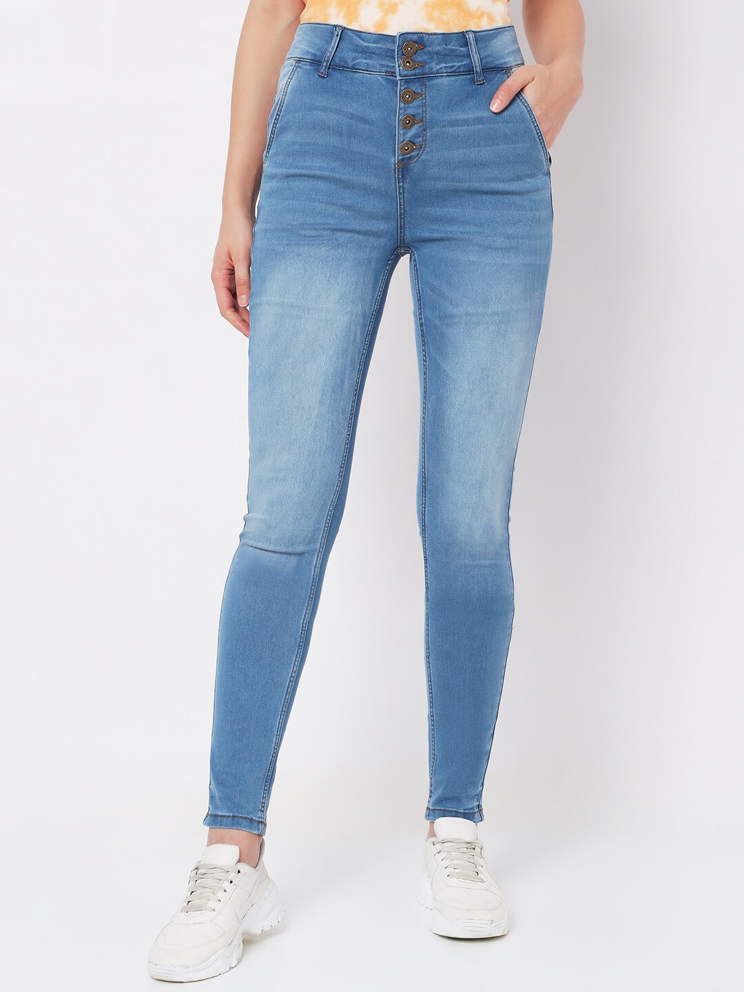 

Vero Moda Women Blue Skinny Fit High-Rise Low Distress Heavy Fade Stretchable Jeans