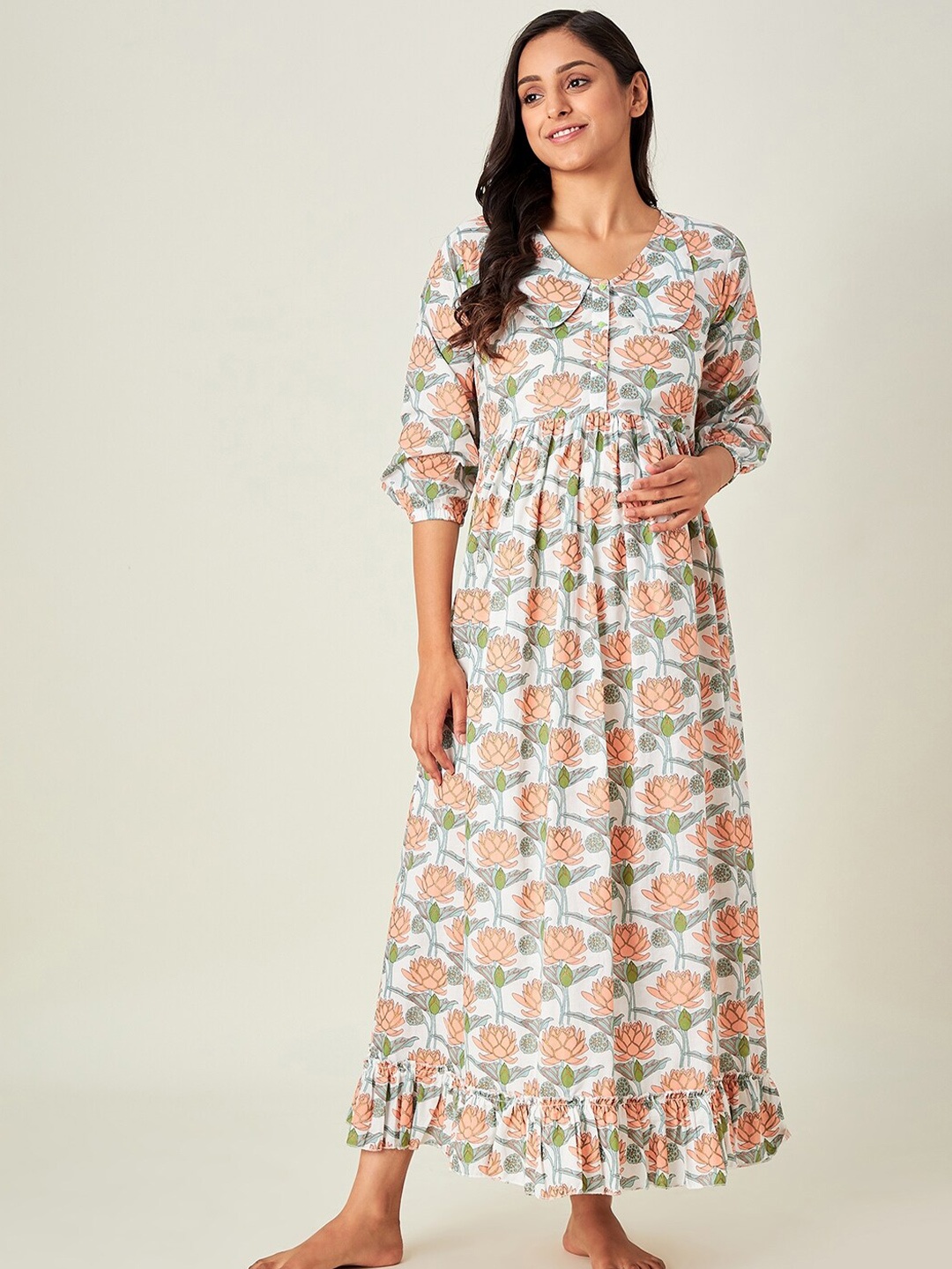 

The Kaftan Company Women Maternity White & Peach-Coloured Floral Cotton Maxi Dress