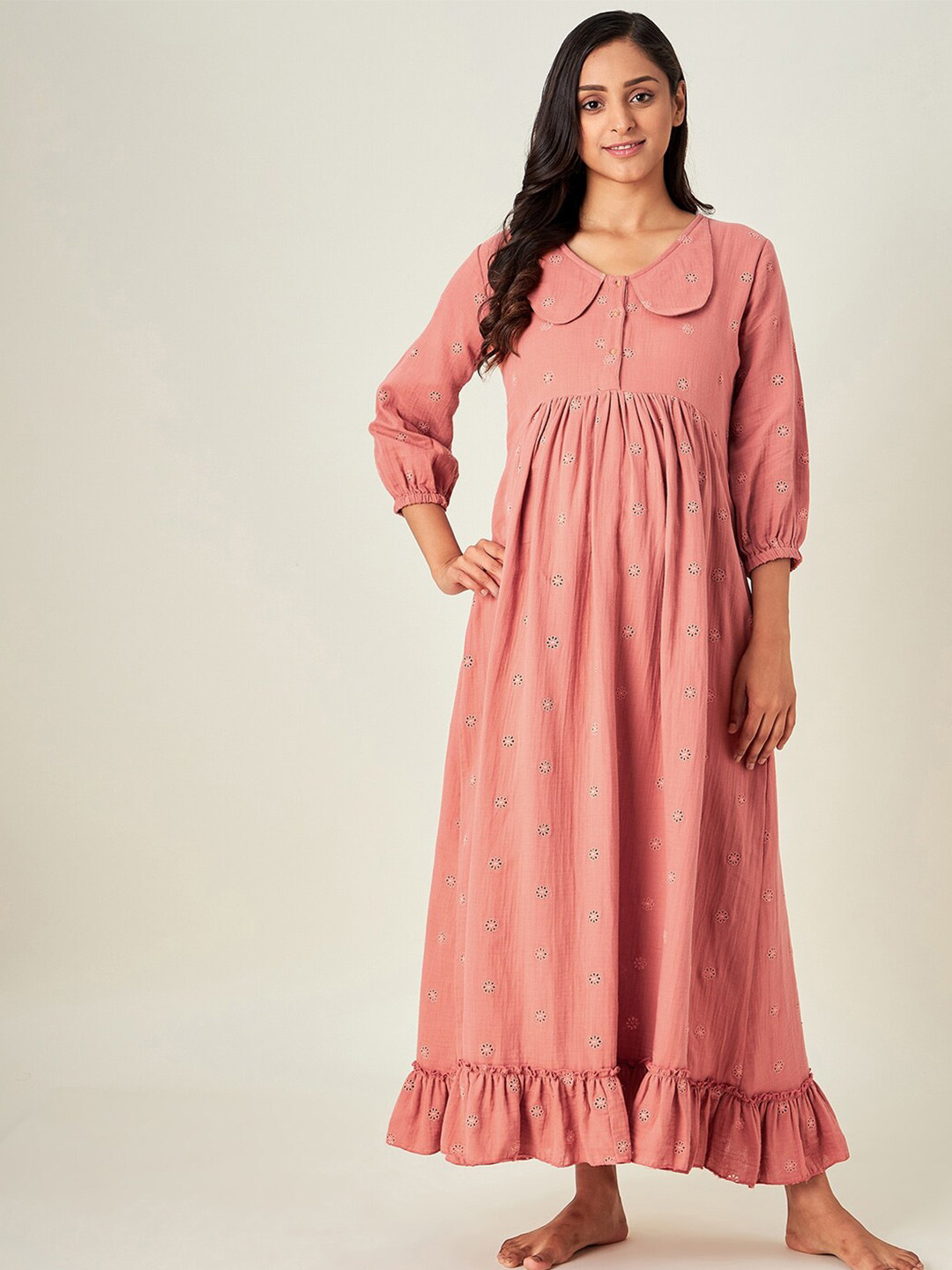 

The Kaftan Company Women Maternity Rust Floral Peter Pan Collar Cotton Maxi Dress