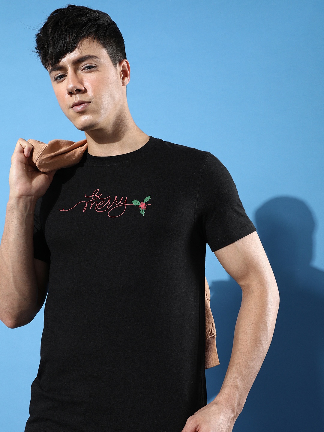 

Mast & Harbour Men Jet Black Typography Printed Ho Ho Holiday T-shirt