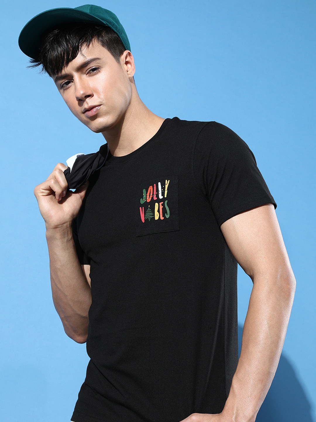 

Mast & Harbour Men Jet Black Ho Ho Holiday Round Neck T-shirt