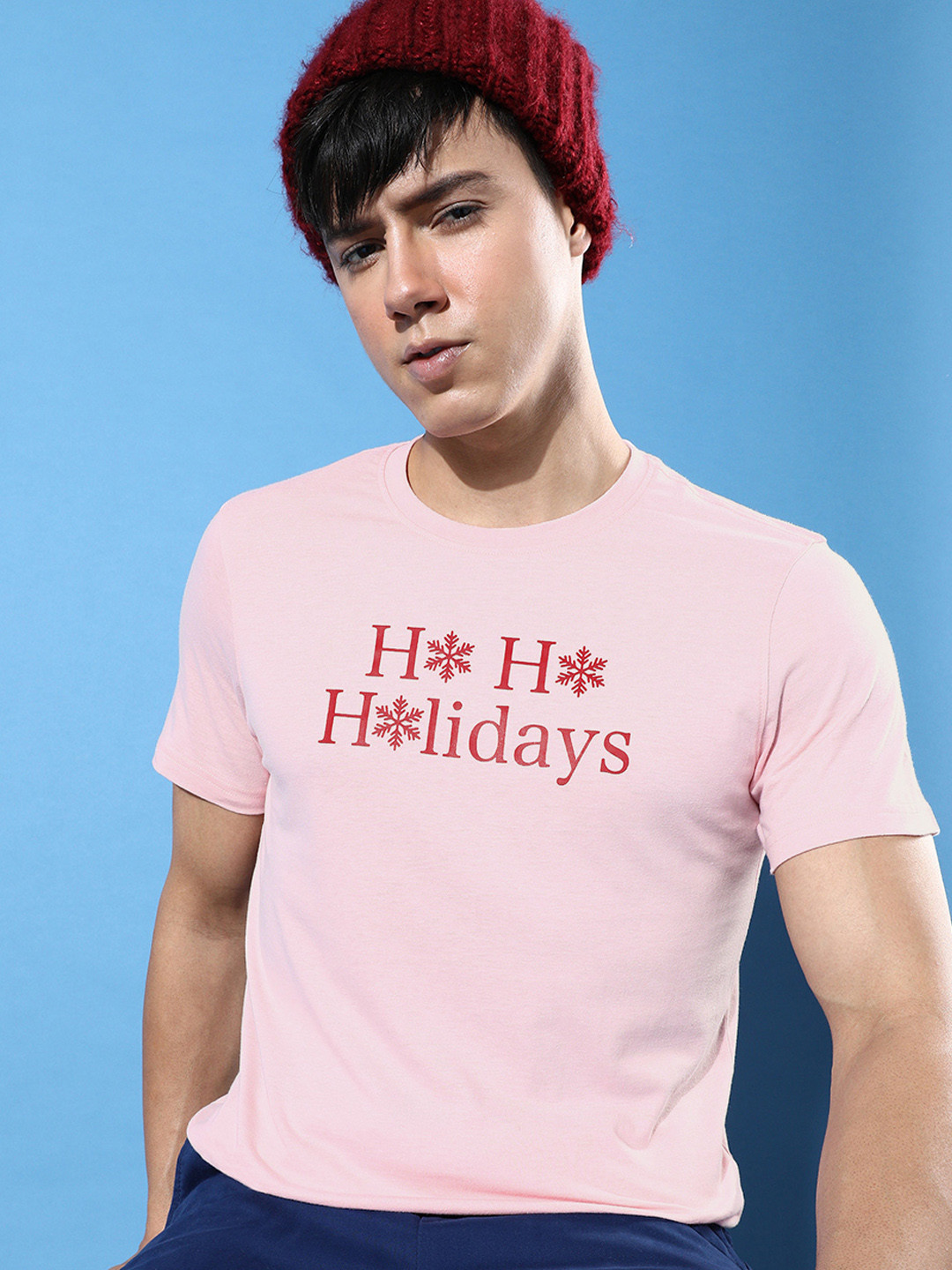 

Mast & Harbour Men Soft Pink Typography Printed Ho Ho Holiday Round Neck T-shirt