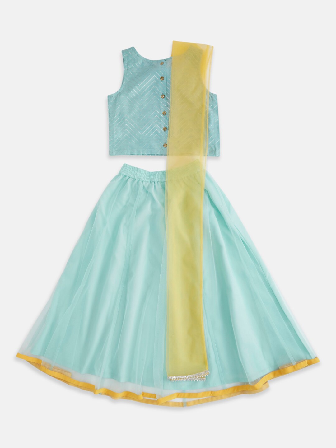 

AKKRITI BY PANTALOONS Girls Blue & Yellow Embroidered Lehenga & Blouse With Dupatta