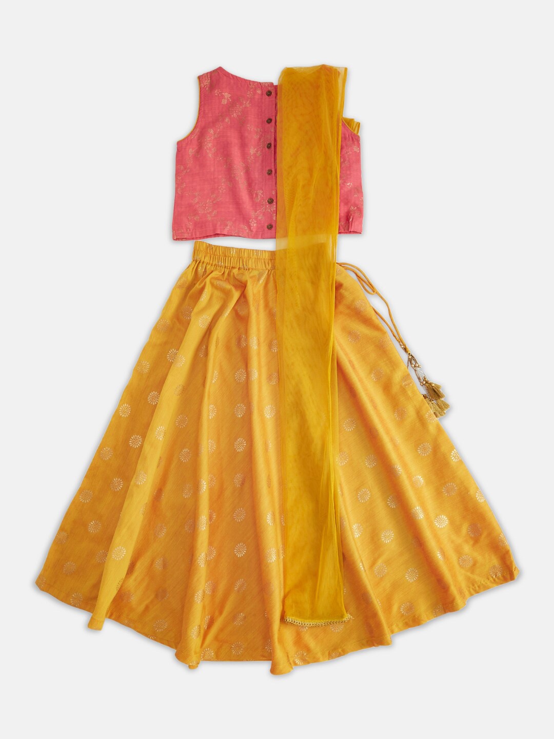 

AKKRITI BY PANTALOONS Girls Red & Yellow Printed Lehenga & Blouse With Dupatta