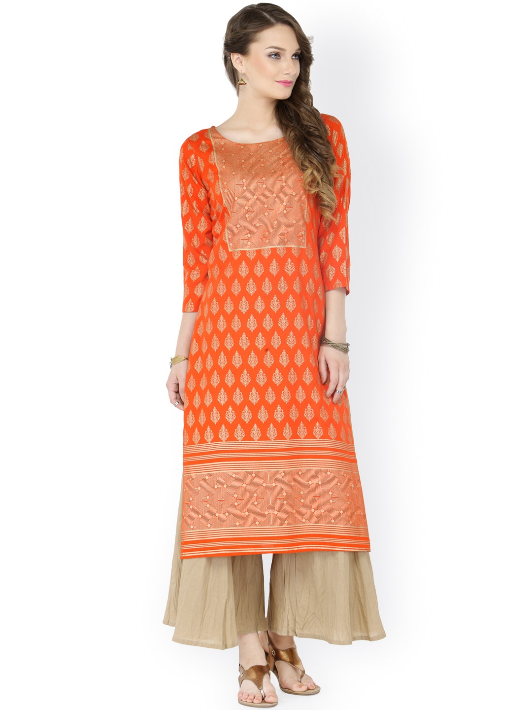 

Varanga Women Orange & Beige Foil Print Kurta with Palazzos
