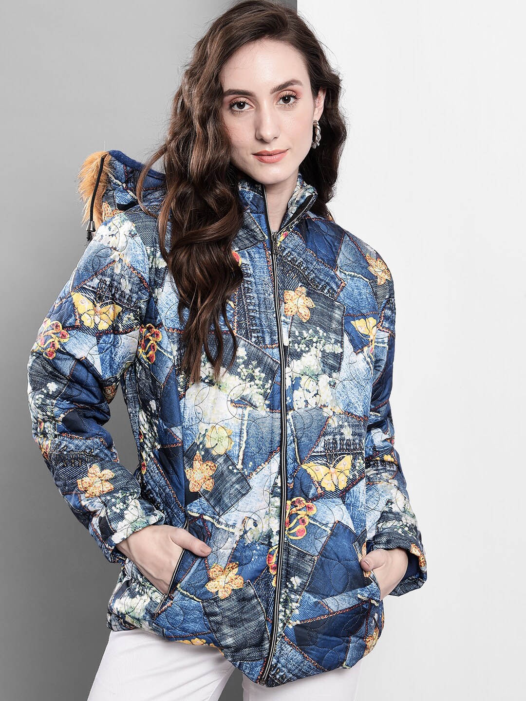 

Darzi Women Blue Yellow Longline Parka Jacket