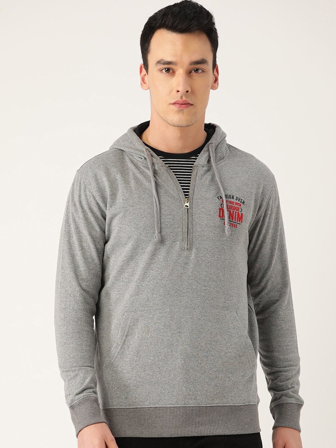 

HARBOR N BAY Men Grey Melange Cotton Hooded Sweatshirt