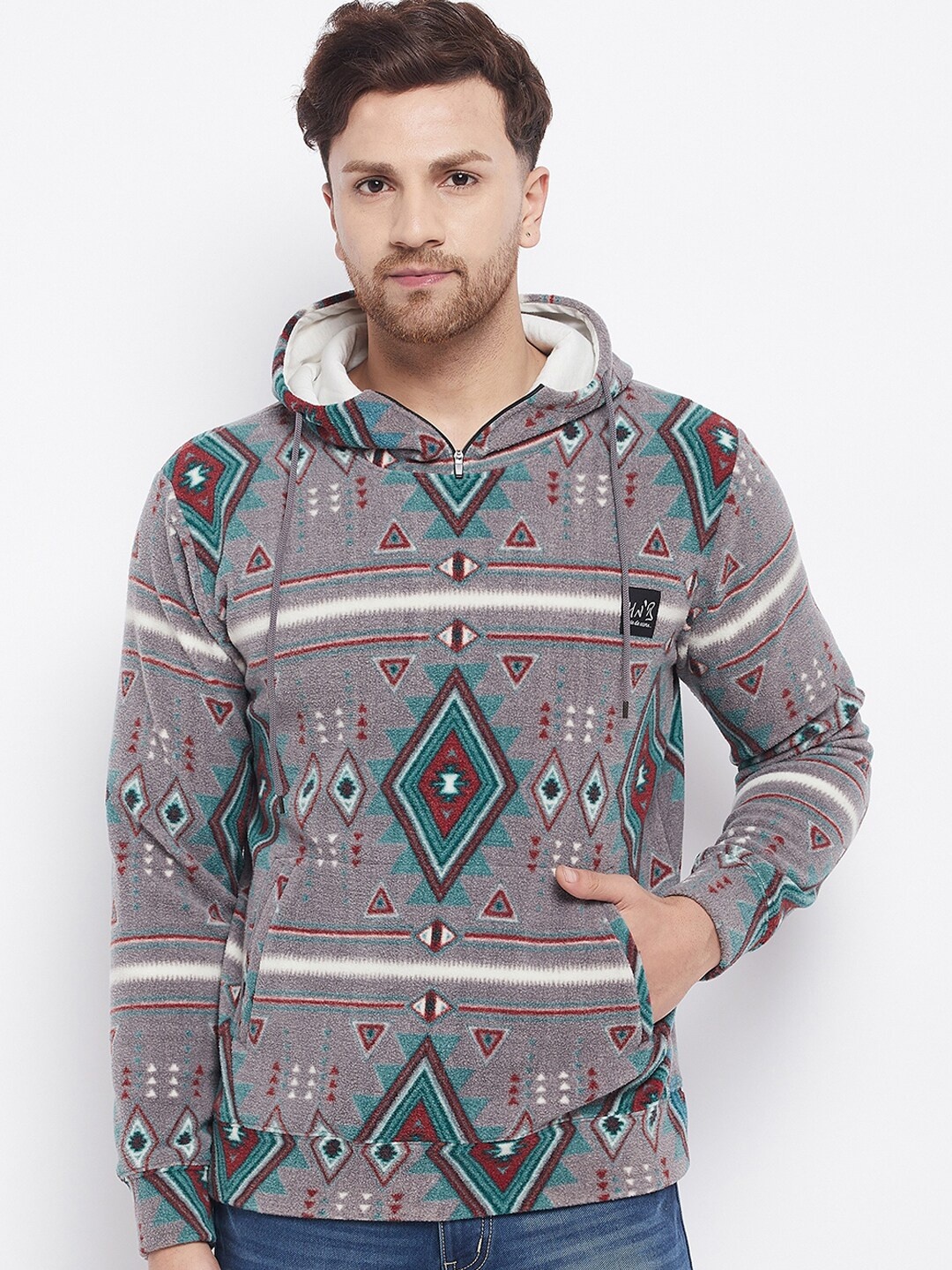 

HARBOR N BAY Men Grey Cotton Printed Hooded Sweatshirt