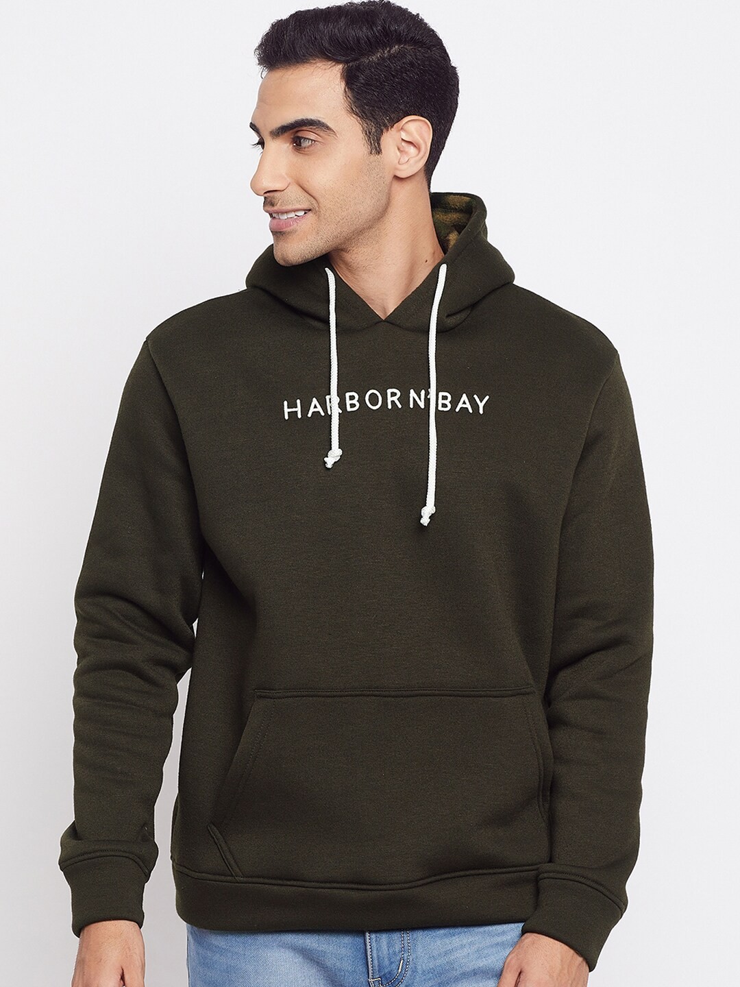 

HARBOR N BAY Men Olive Green Cotton Printed Hooded Sweatshirt