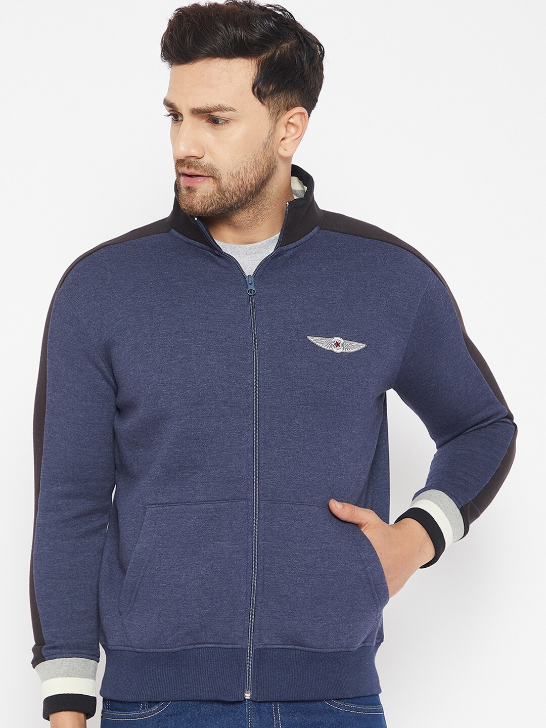 

HARBOR N BAY Men Blue Solid Front Open High Neck Sweatshirt