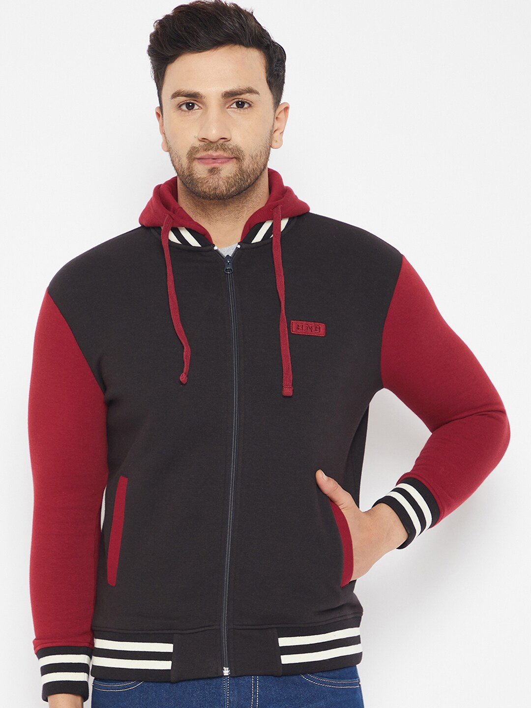 

HARBOR N BAY Men Charcoal Grey & Maroon Hooded Sweatshirt