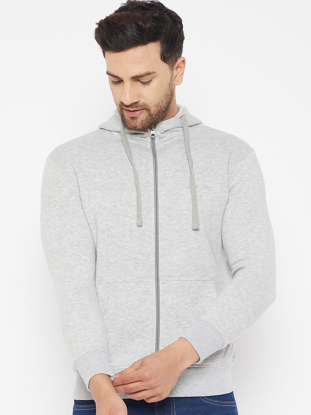 

HARBOR N BAY Men Grey Front-Open Cotton Hooded Sweatshirt