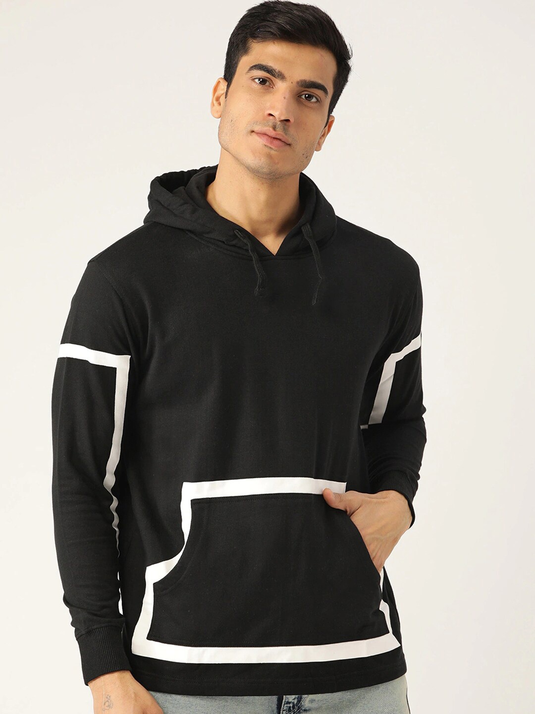 

HARBOR N BAY Men Black & White Cotton Hooded Sweatshirt