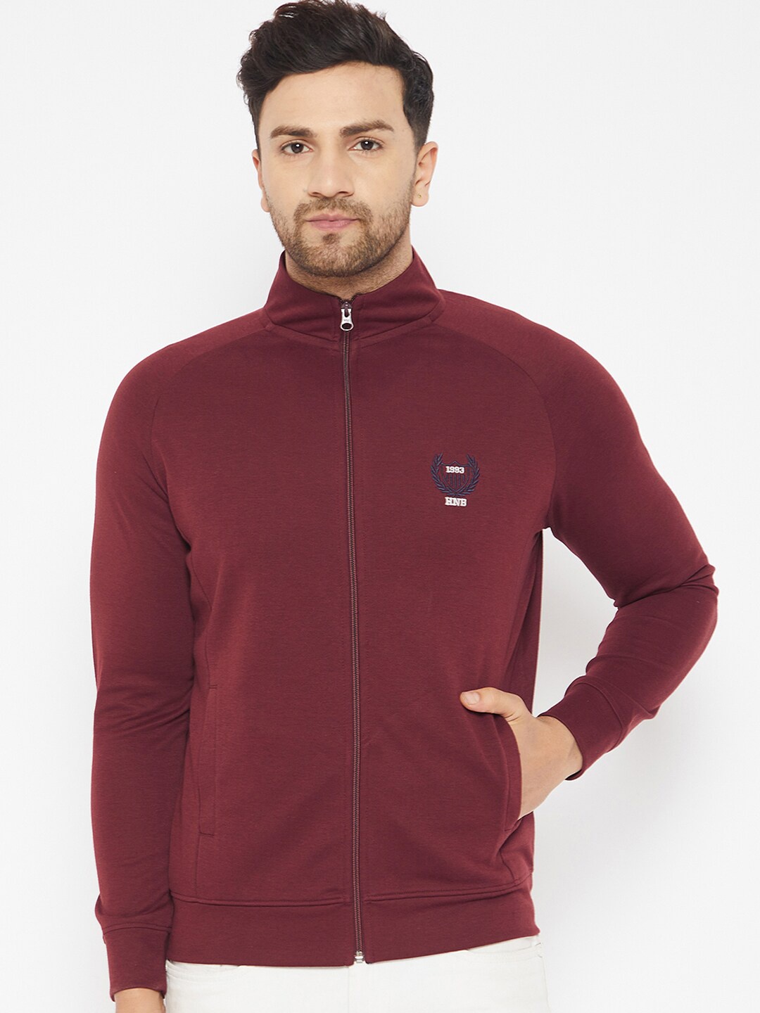 

HARBOR N BAY Men Maroon Solid Front-Open Cotton Sweatshirt