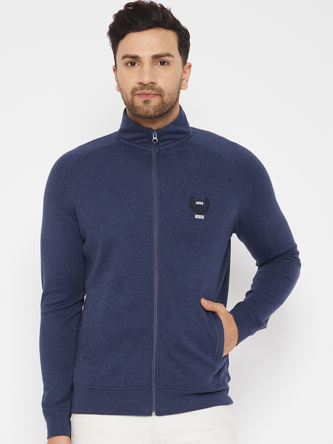 

HARBOR N BAY Men Navy Blue Solid High Neck Front-Open Cotton Sweatshirt