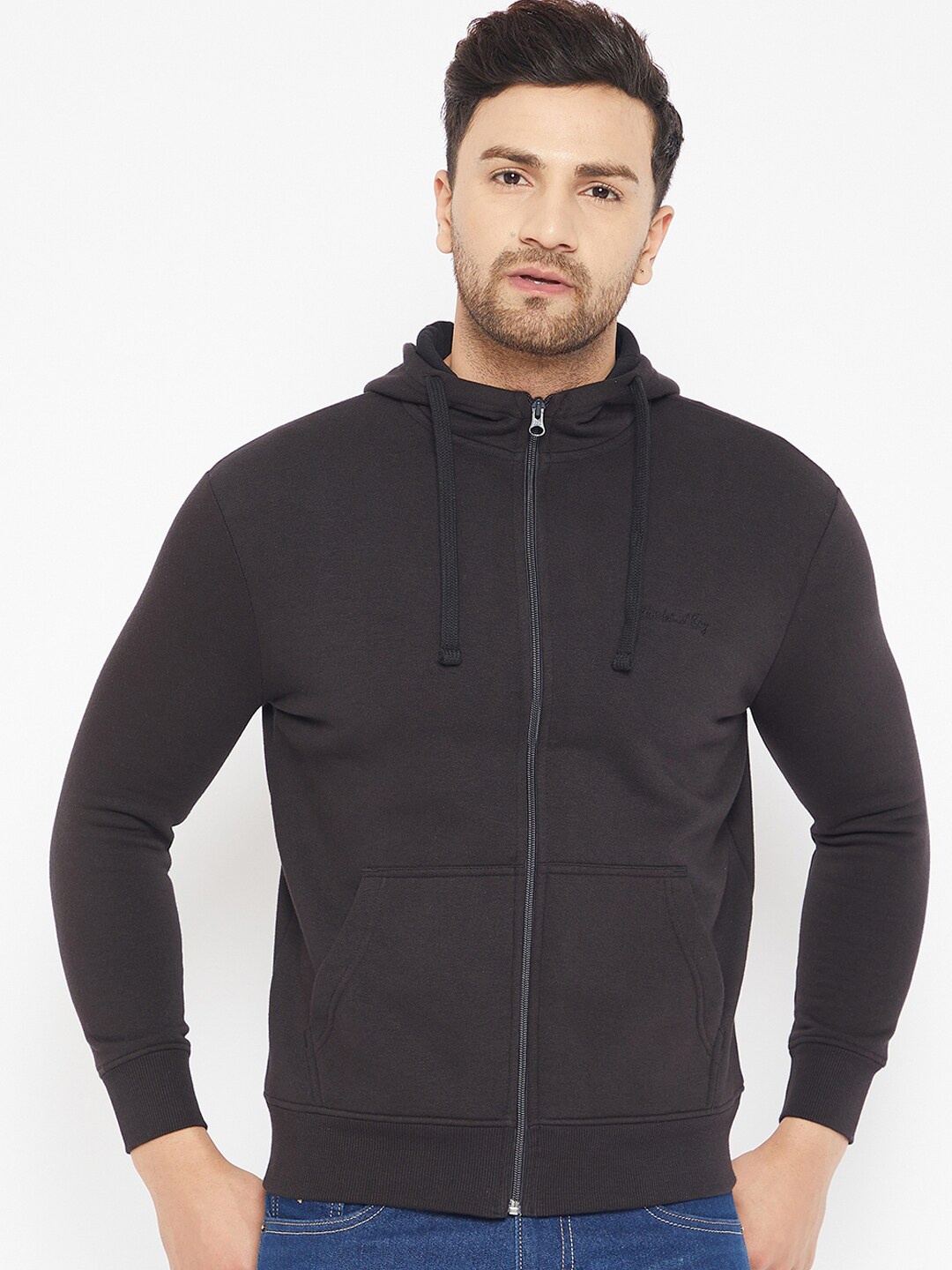 

HARBOR N BAY Men Black Front-Open Cotton Hooded Sweatshirt