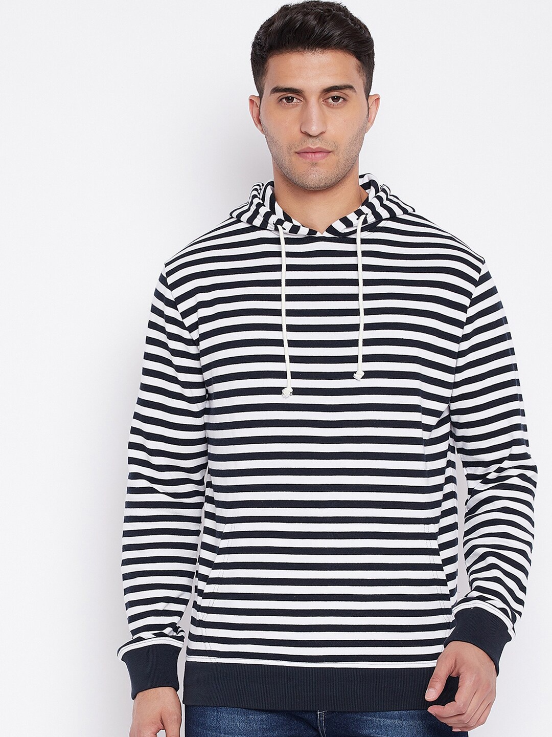 

HARBOR N BAY Men Navy Blue & White Striped Hooded Sweatshirt