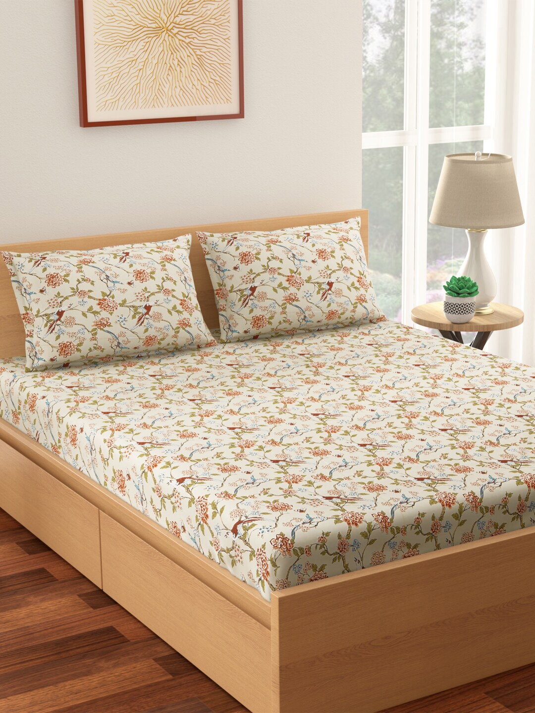 

Living scapes by Pantaloons Cream-Coloured & Brown Floral 210 TC Queen Cotton Bedding Set