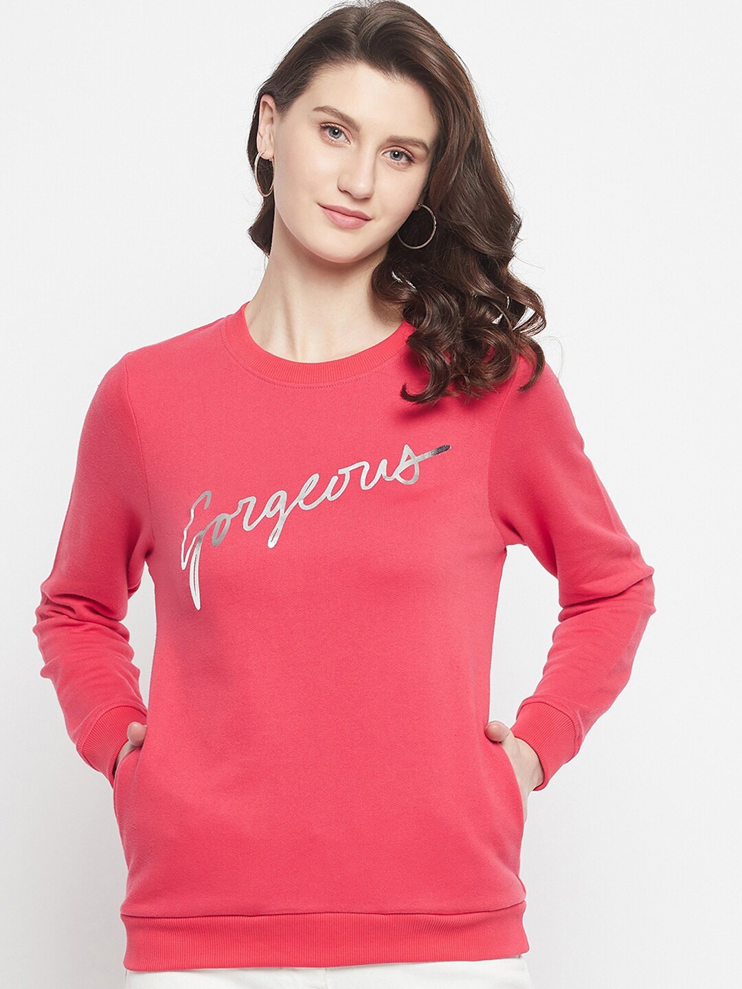 

HARBOR N BAY Women Coral Typography Printed Cotton Sweatshirt