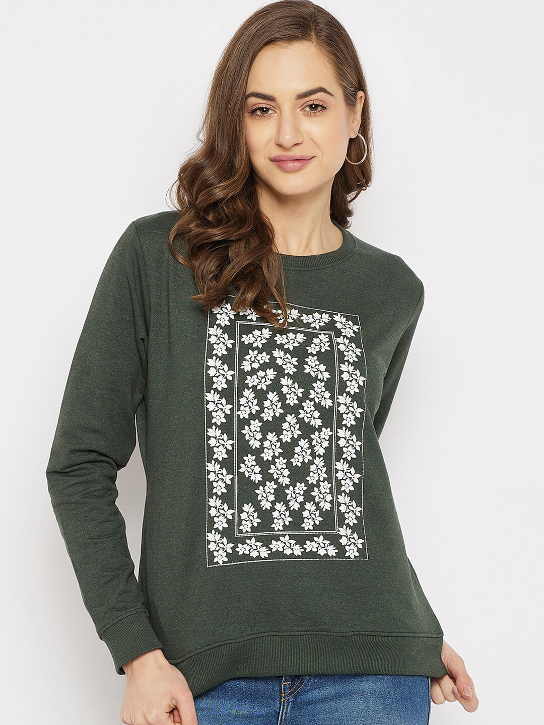 

HARBOR N BAY Women Olive Green Printed Sweatshirt