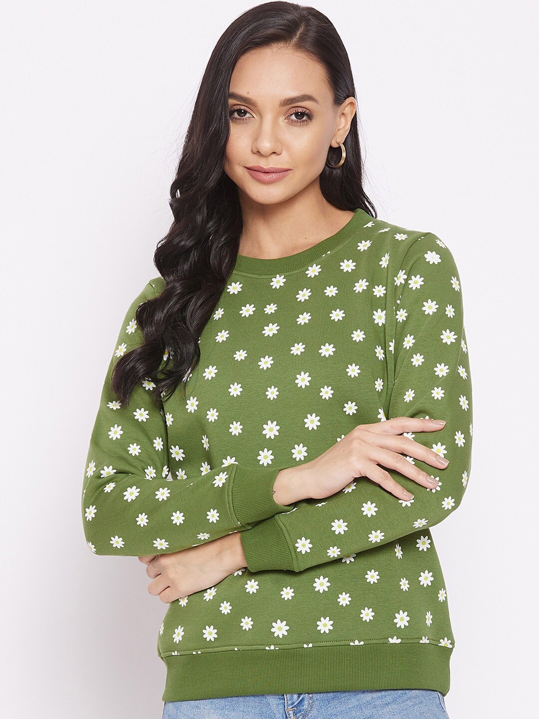 

HARBOR N BAY Women Olive Green Printed Sweatshirt