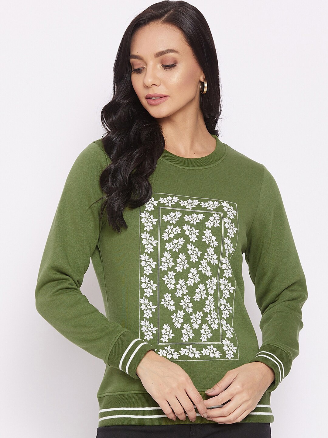 

HARBOR N BAY Women Olive Green Printed Sweatshirt