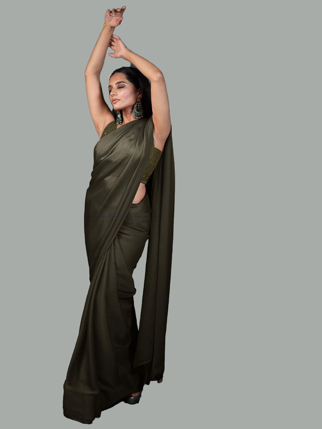 

Swtantra Olive Green Solid Satin Saree