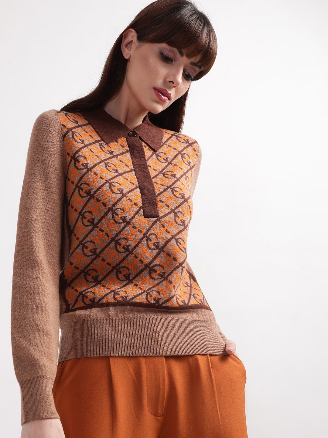 

GANT Women Brown & Orange Printed Wool Pullover