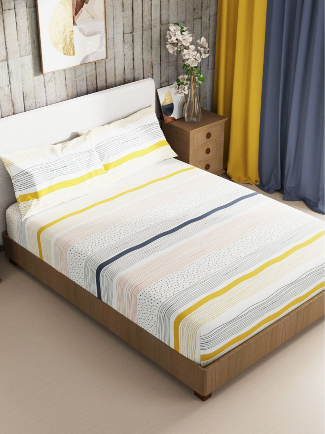

BIANCA White & Blue Striped 180 TC King Bedsheet with 2 Pillow Covers