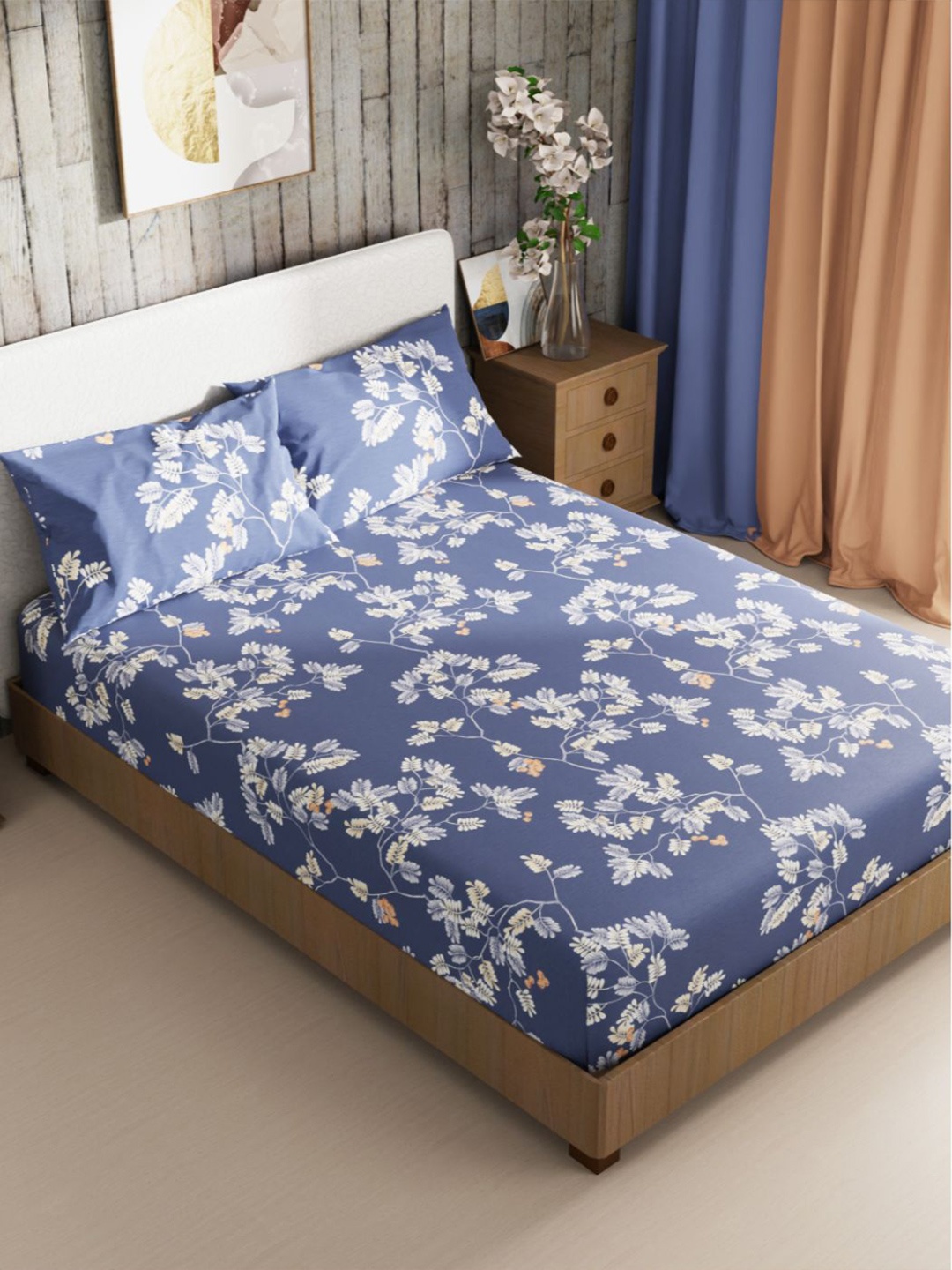 

BIANCA Navy Blue & White Floral 180 TC King Bedsheet with 2 Pillow Covers