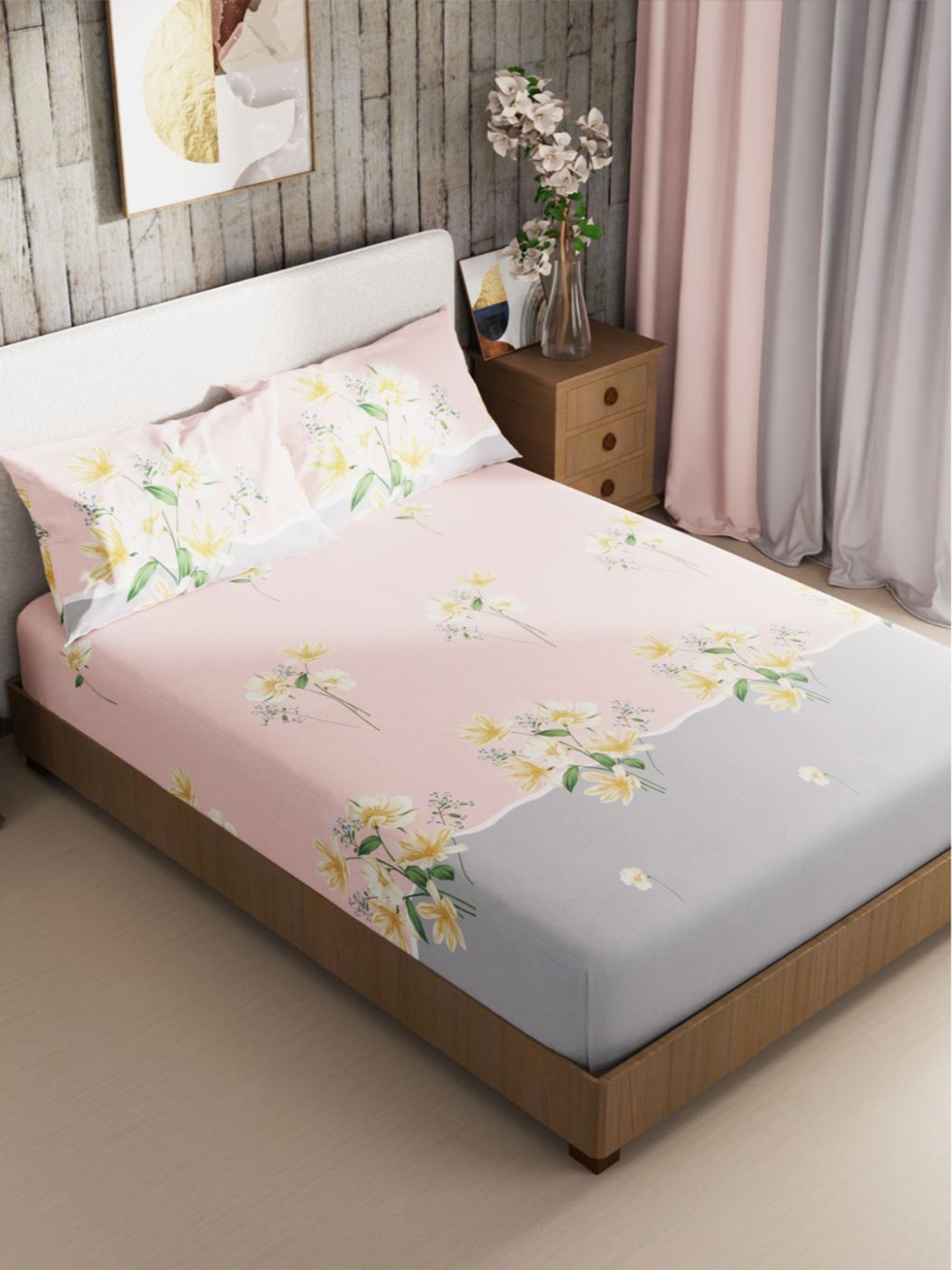 

BIANCA Pink & Grey Floral 180 TC King Bedsheet with 2 Pillow Covers