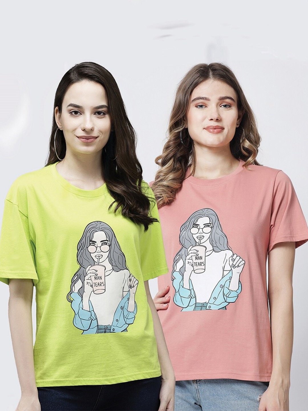 

The Dry State Women Pack Of 2 Printed Oversized Cotton T-shirt, Fluorescent green