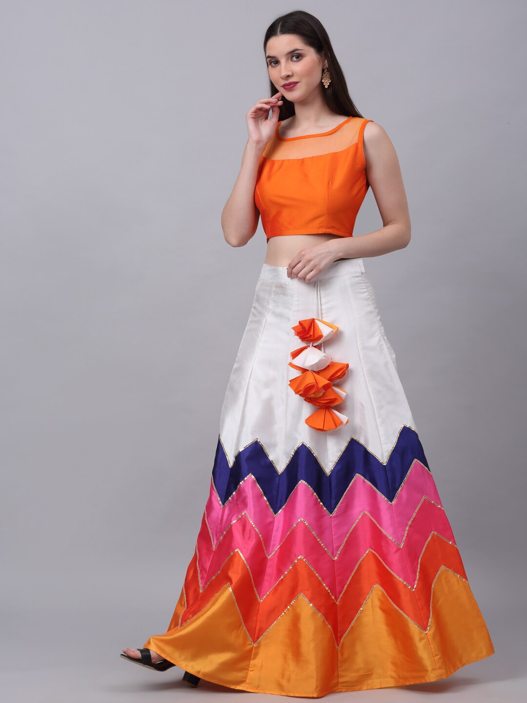 

NEUDIS Orange & White Printed Ready to Wear Lehenga With Top