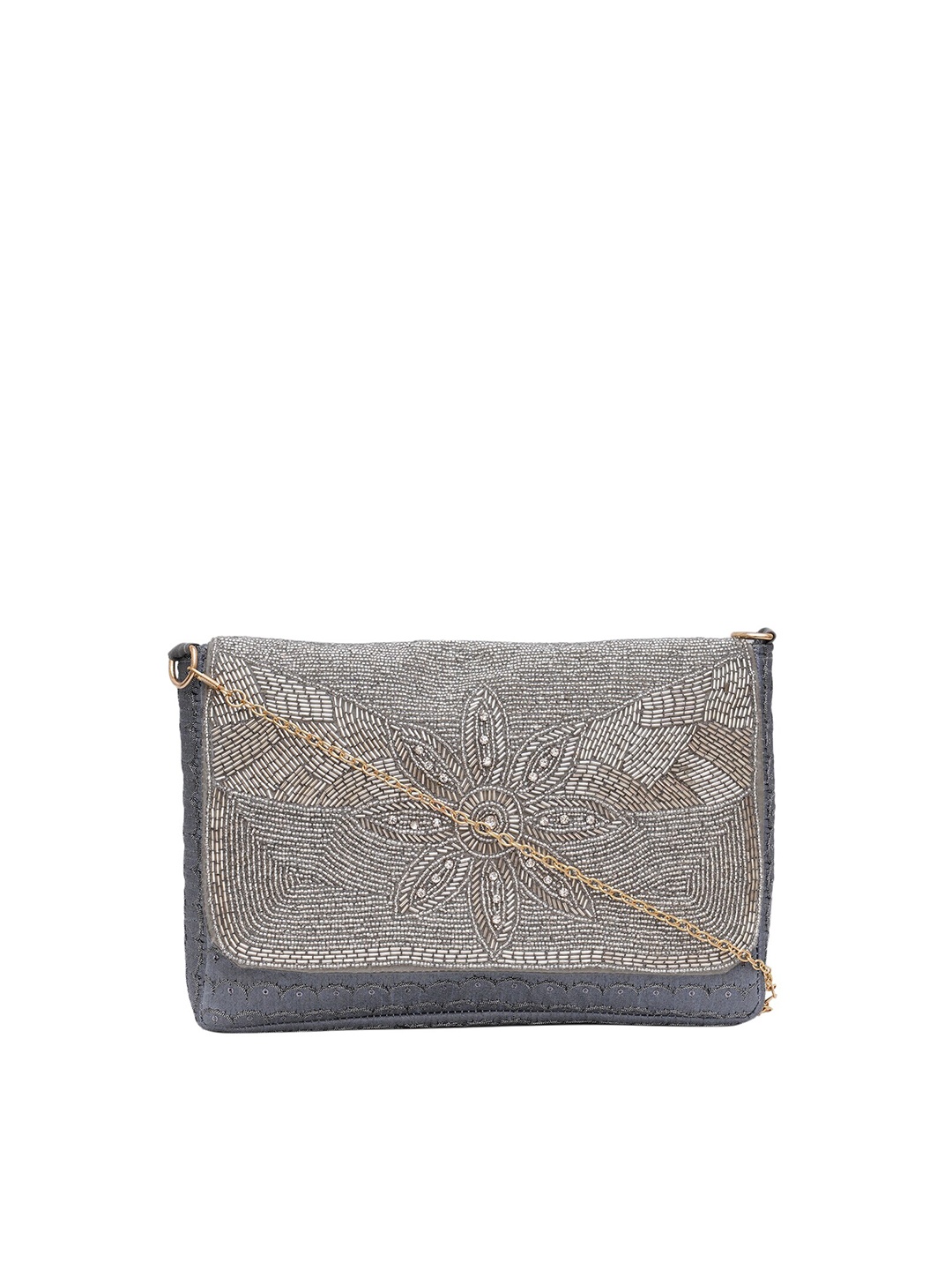 

FABBHUE Silver-Toned & Gold-Toned Beaded Embellished Foldover Clutch