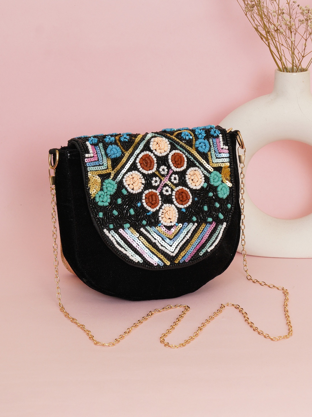 

FABBHUE Multicoloured Embroidered Geometric Structured Tote Bag, Multi