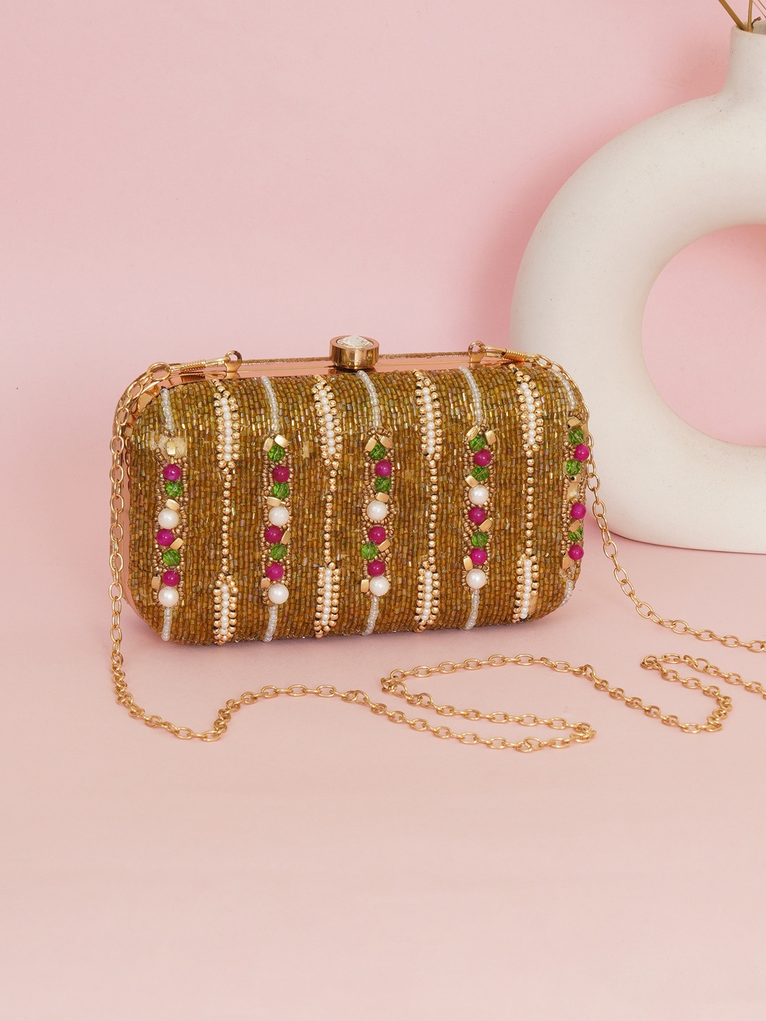 

FABBHUE Gold-Toned & Green Embroidered Embellished Box Clutch