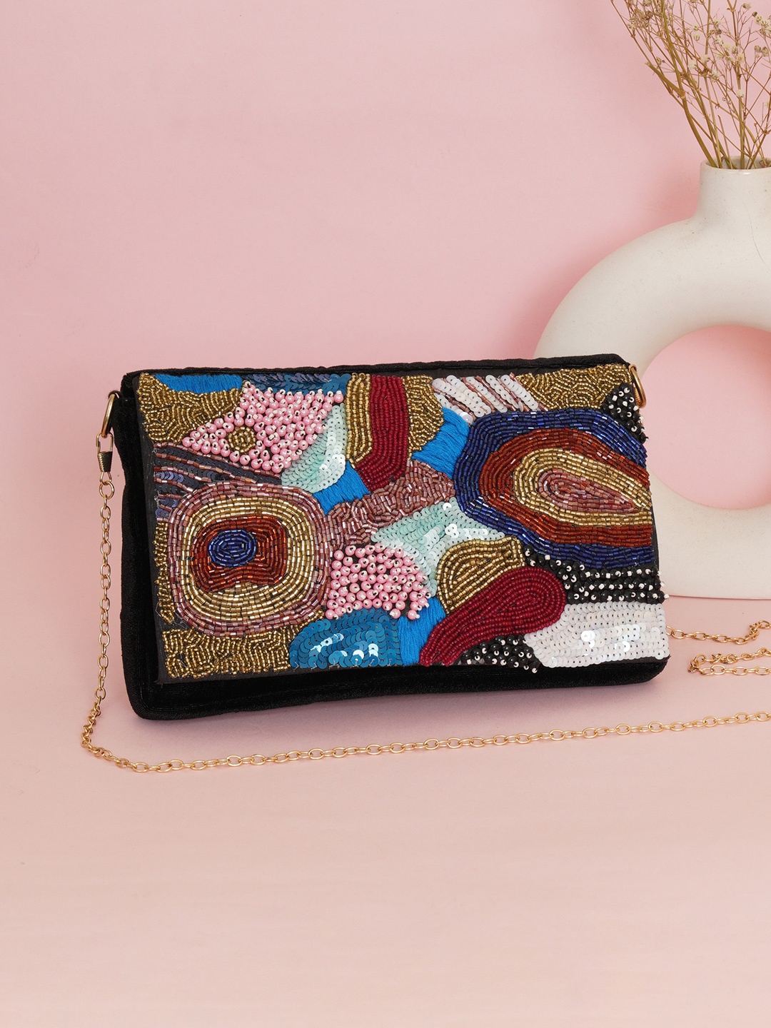 

FABBHUE Maroon & Blue Embroidered Beaded Foldover Clutch
