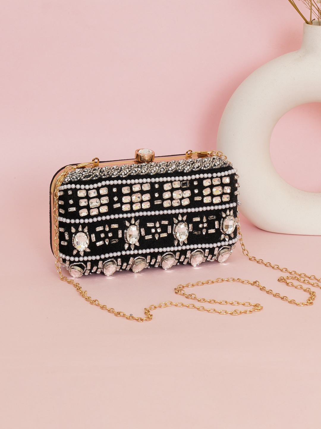 

FABBHUE Black & White Embroidered Embellished Box Clutch