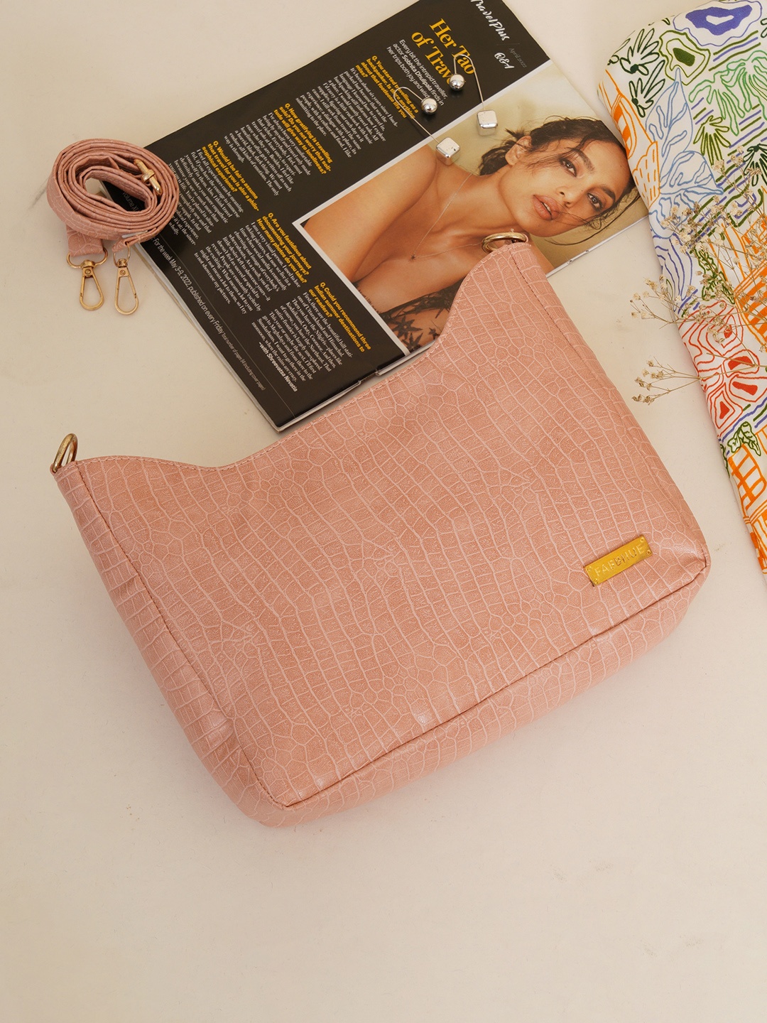 

FABBHUE Pink Textured PU Structured Handheld Bag
