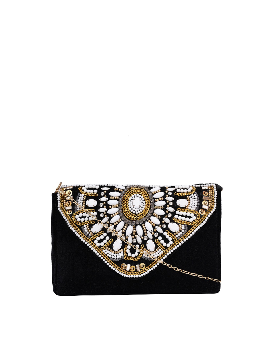 

FABBHUE Black & Gold-Toned Embroidered Embellished Envelope Clutch