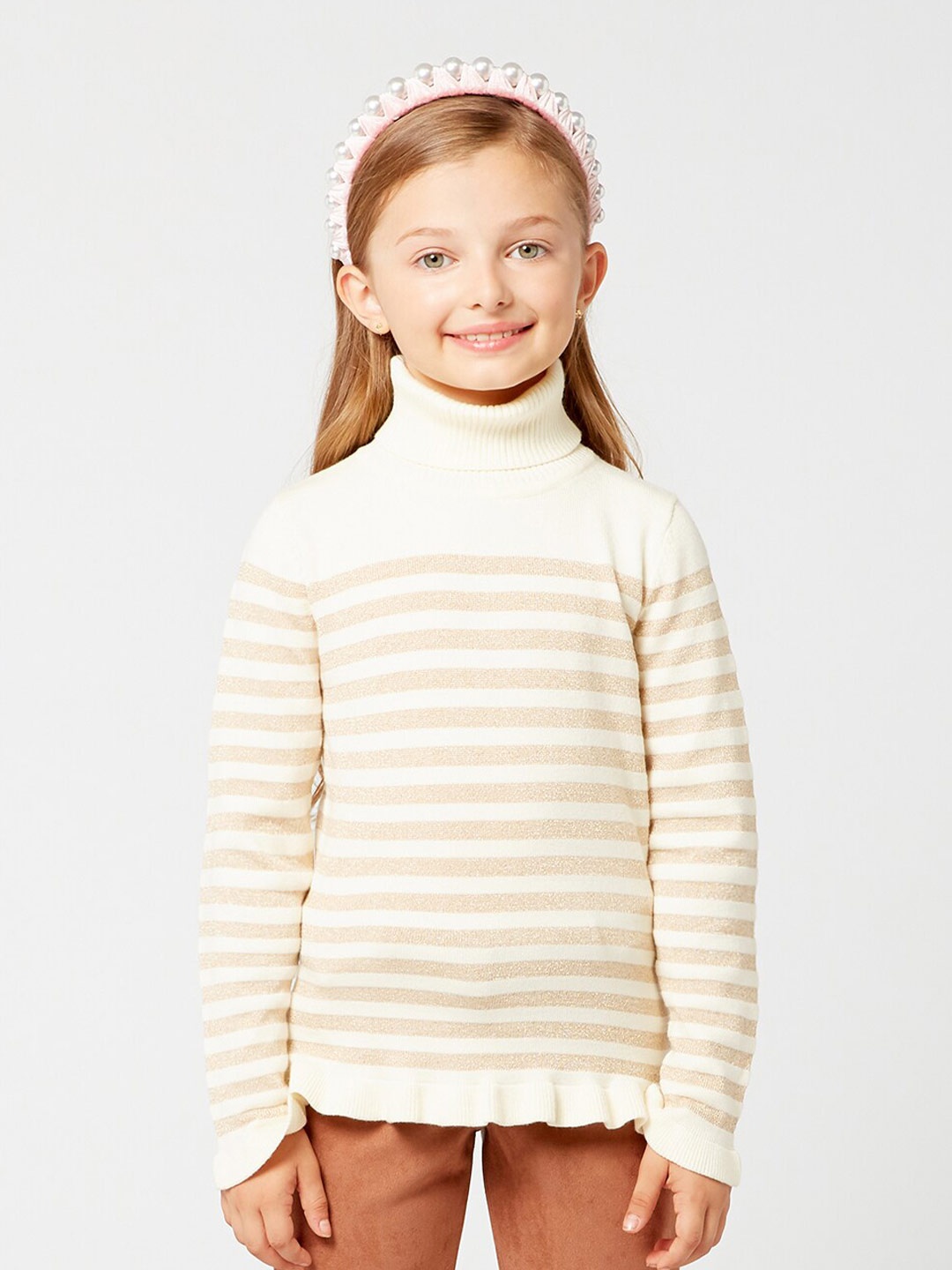 

One Friday Girls Off White & Brown Striped Striped Pullover