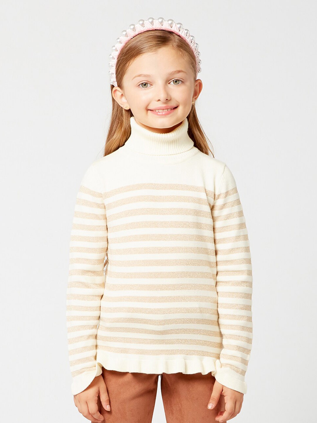 

One Friday Girls Off White & Beige Striped Striped Pullover