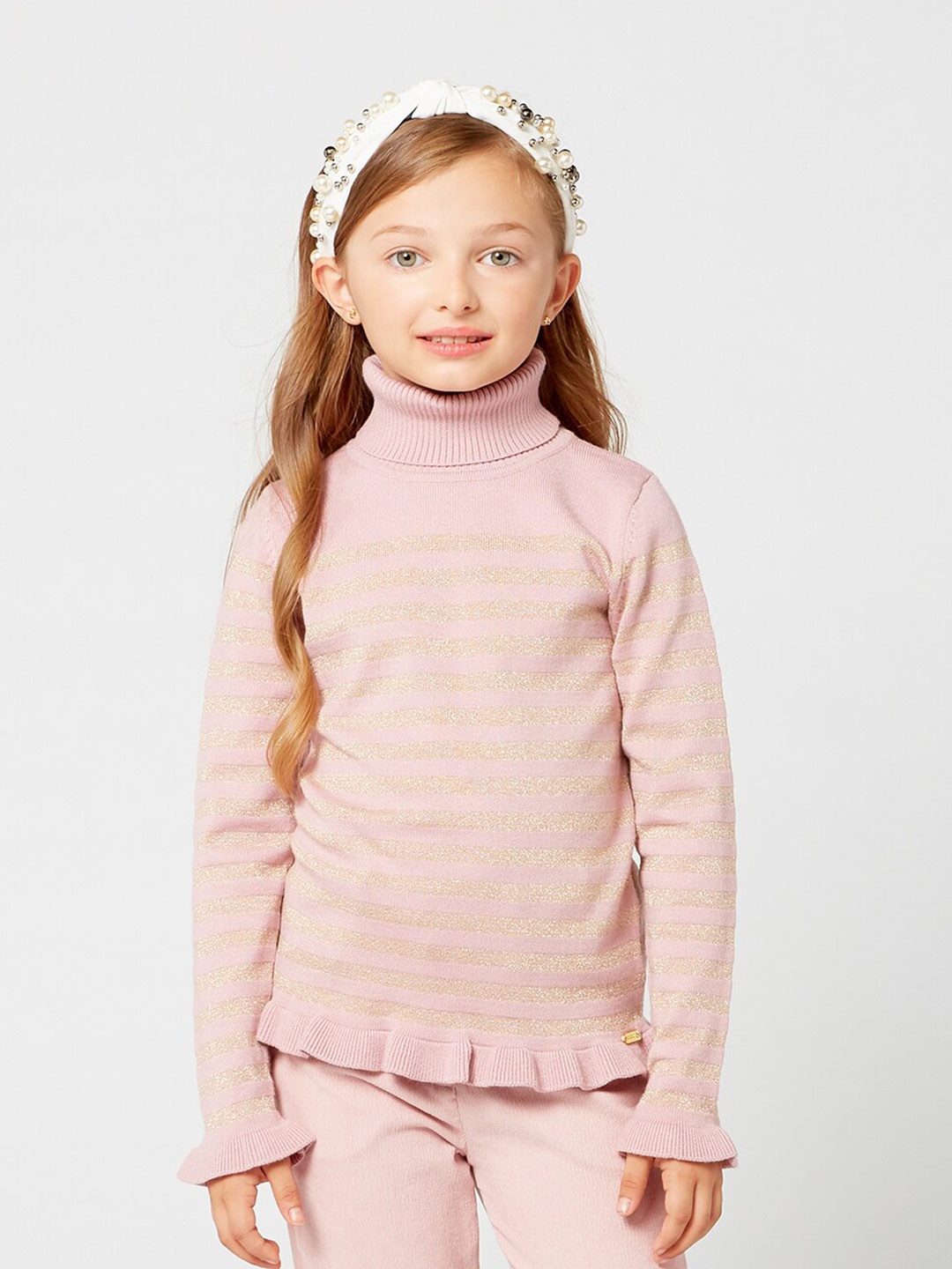 

One Friday Girls Pink & Gold-Toned Striped Striped Pullover