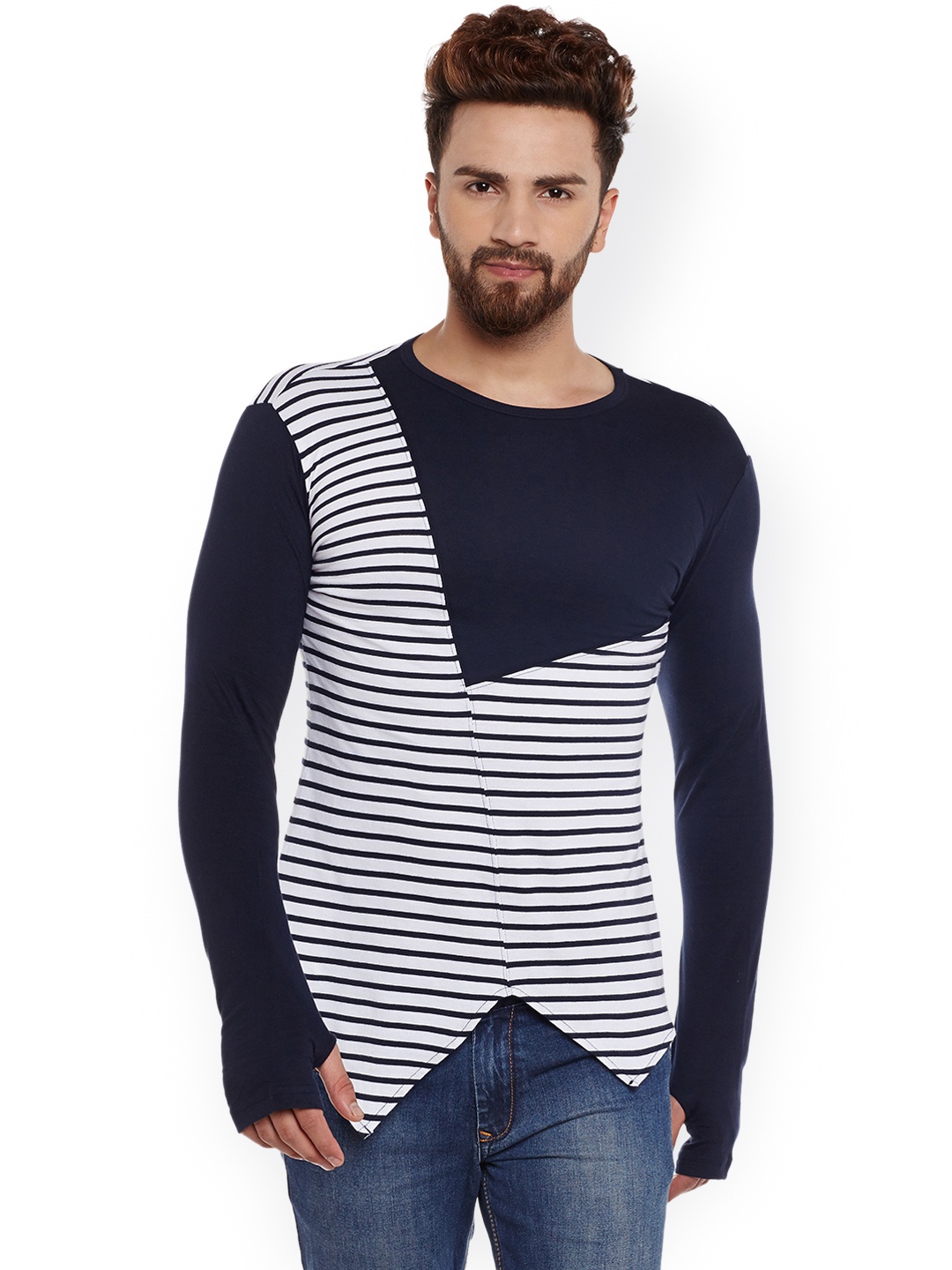 

Hypernation Men White & Navy Striped Slim Fit T-shirt