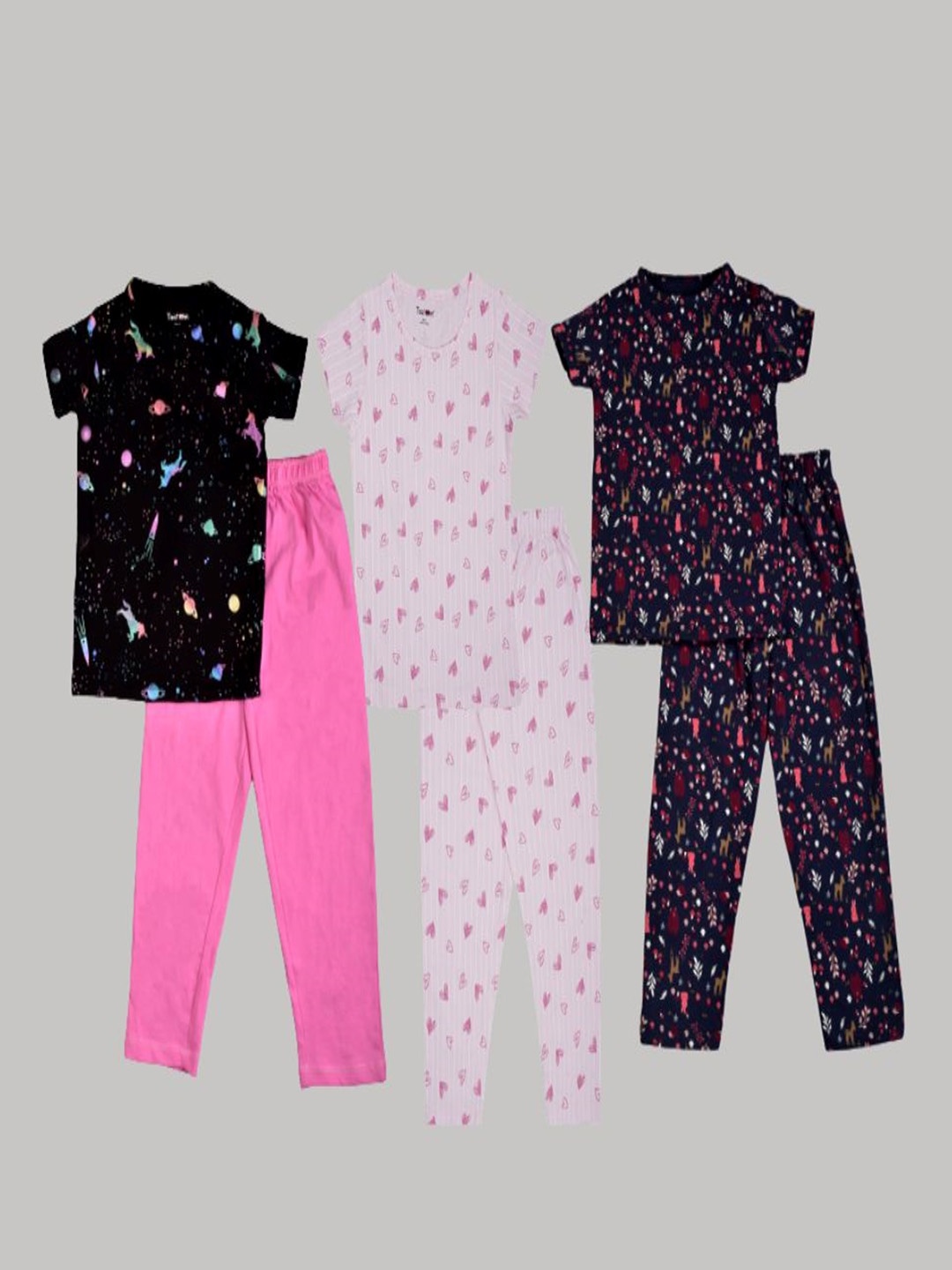 

Taatoom Girls Pack Of 3 Printed Pure Cotton Night Suits, Black