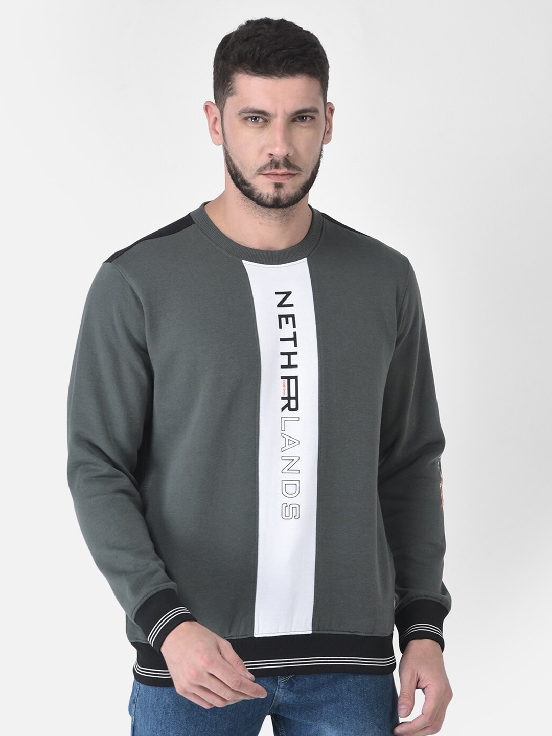

COBB Men Olive Green & White Colourblocked Cotton Sweatshirt
