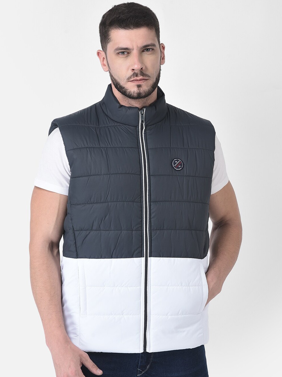 

COBB Men Navy Blue & White Colourblocked Lightweight Padded Jacket
