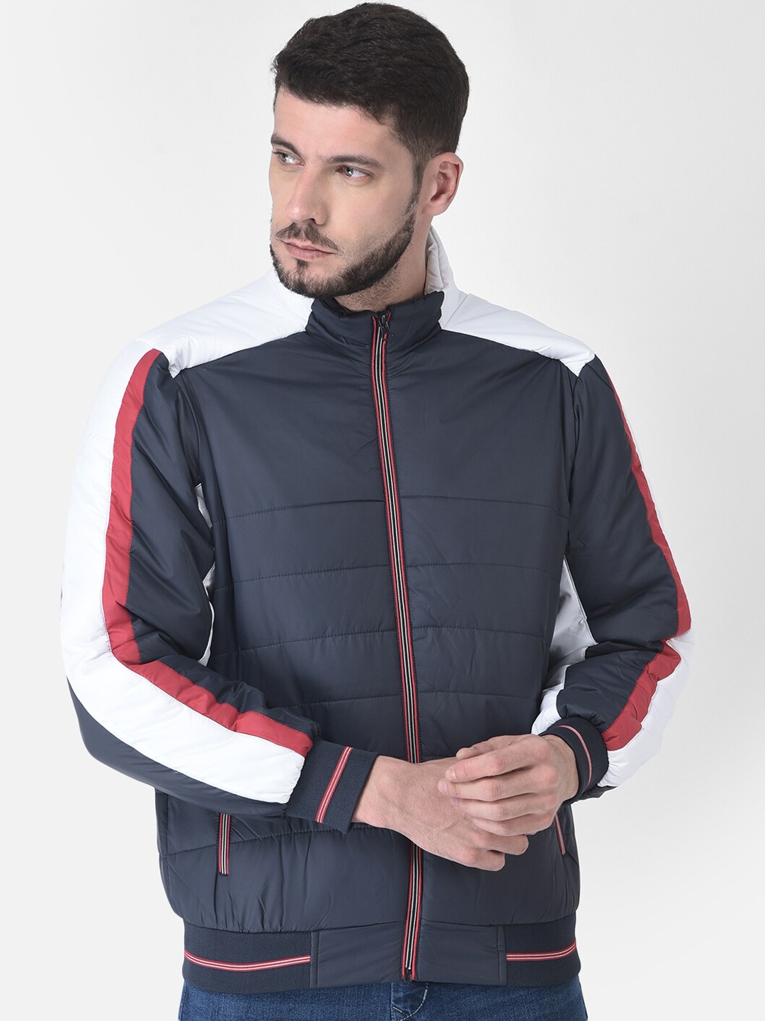 

COBB Men Navy Blue & White Colourblocked Lightweight Bomber Jacket