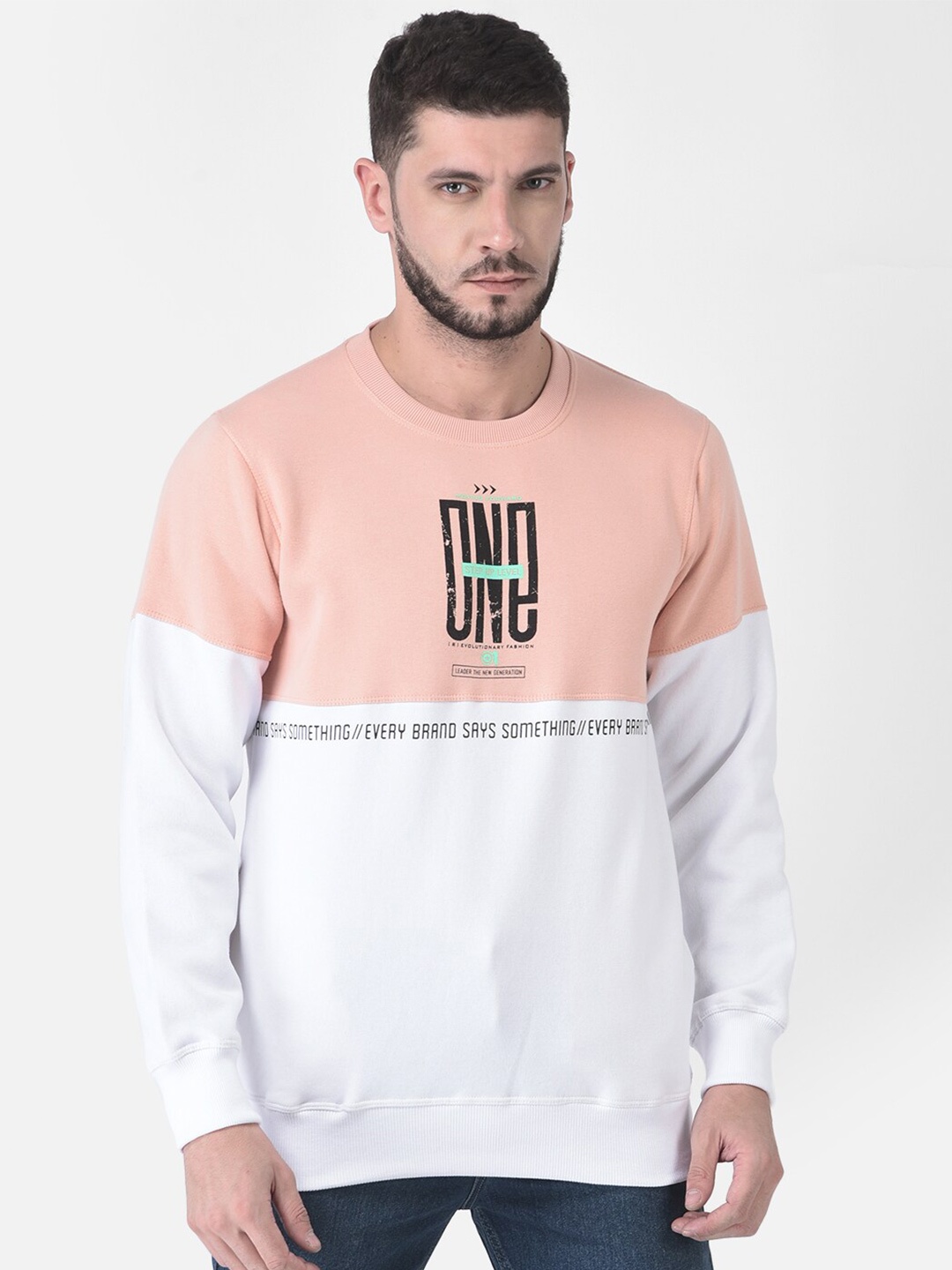 

COBB Men Peach-Coloured & White Colourblocked Cotton Sweatshirt